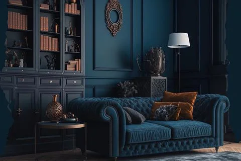 Hipster style dark blue house decor with vintage pieces of furniture Stock Illustration