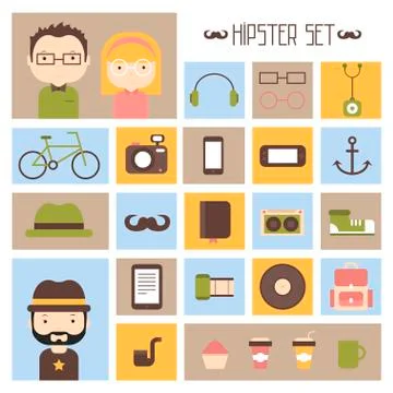 Hipster vector colorful style elements and characters icons set for retro design 스톡 일러스트