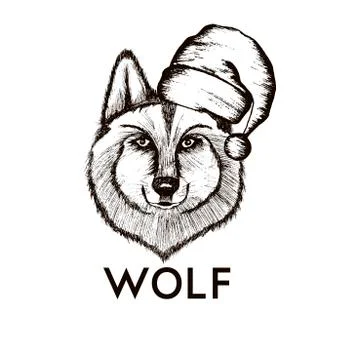 Hipster Wolf Muzzle Wearing Santa Hat Vector Hand Drawn Illustration Stock Illustration