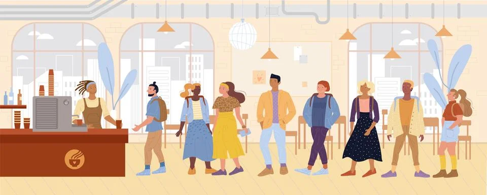 Hipsters, designers, students standing in queue to buy drinks, pastries at Stock Illustration