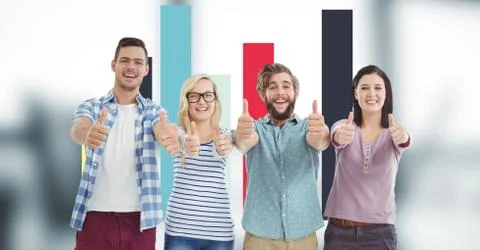 Hipsters gesturing thumbs up while standing against graph Stock Photos