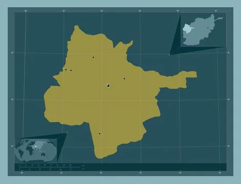 Hirat, Afghanistan. Solid color shape. Locations of major cities of the regio Stock Illustration