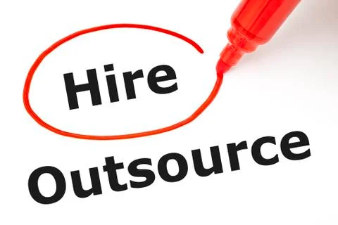 Hire or outsource with red marker 스톡 사진