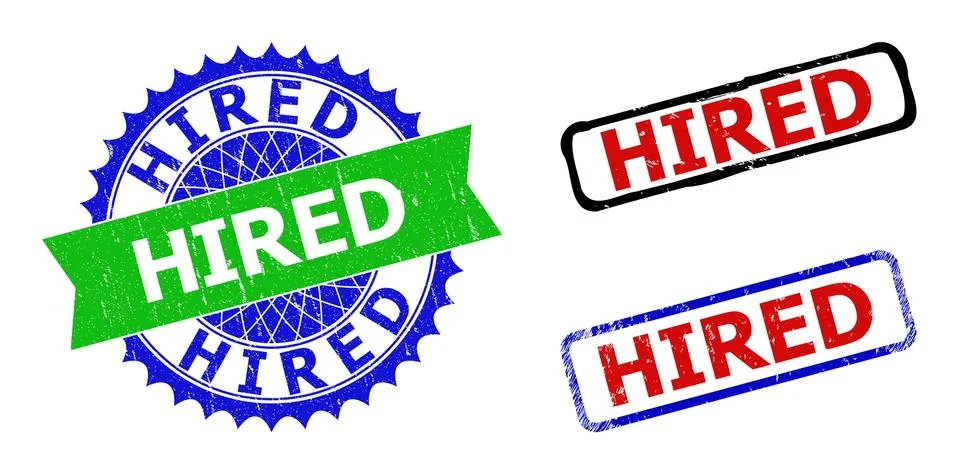 HIRED Rosette and Rectangle Bicolor Watermarks with Distress Textures Stock Illustration