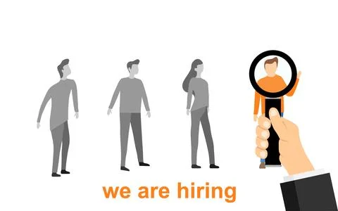 Hiring a person to work. We need you banner. A hand with a magnifying glass. Stock Illustration