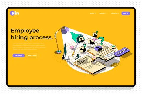 Hiring process concept 3d isometric outline landing page. Human resources Stock Illustration