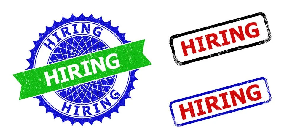 HIRING Rosette and Rectangle Bicolor Badges with Distress Styles Stock Illustration