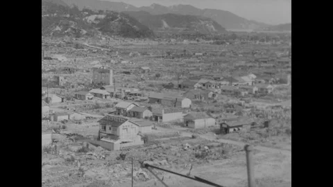 Hiroshima 1940s: Aerial view of a devastated cityscape, the aftermath of the Stock Footage 341987057