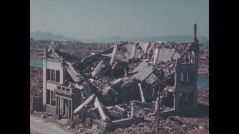 Hiroshima 1940s: Devastated cityscape with a collapsed multi-story concrete Stock-Footage 344140049