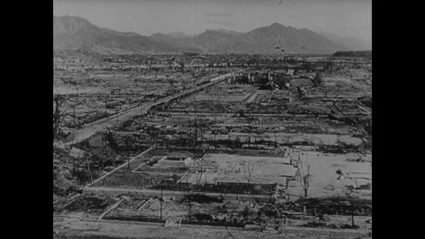 Hiroshima 1940s: The devastated cityscape of Hiroshima stretches toward distant Stock Footage 340927082