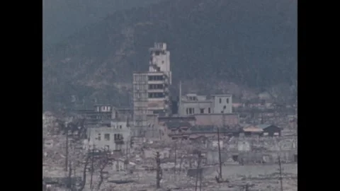 Hiroshima 1940s: Devastated cityscape of Hiroshima, Japan, with flattened rubble Stock-Footage 344140140