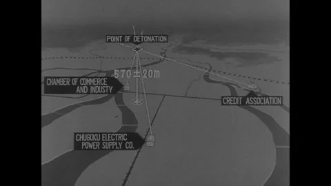 Hiroshima 1940s: Illustrated map of Hiroshima marking the atomic bomb's "POINT Stock Footage 340926912