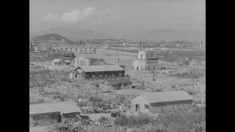 Hiroshima 1940s: Post-war Hiroshima or Nagasaki, Japan, showing a devastated Stock Footage 341987605