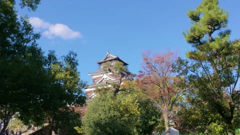 Hiroshima Castle, also known as carp castle, surrounded by autumn foliage Stock Footage 335591706