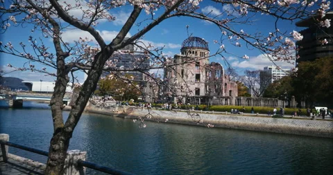 Hiroshima Peace Memorial Dome Cherry Blossom River View Spring Видео 344331089