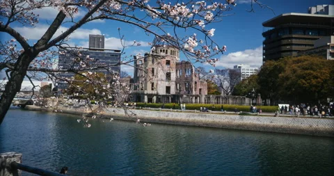 Hiroshima Peace Memorial Dome River View Cherry Blossom Spring Stock Footage 344331134