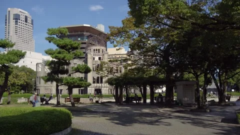 Hiroshima Peace Memorial Park and Atomic Bomb Dome Ruins Stock Footage 268444566