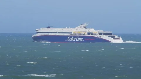Hirthals, Denmark - July 06, 2026: Color line ferry sailing on wavy sea Stock Footage 338329384