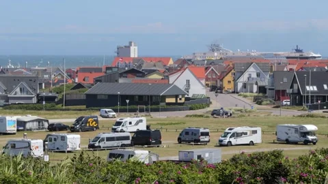 Hirthals, Denmark - July 06, 2026: Camping site with motorhomes and sea view Stock Footage 338329602