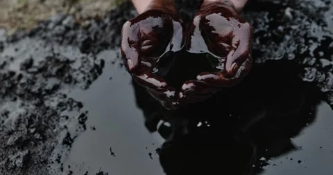 His hands are stained with crude oil against the background of spilled Stock Footage 345519320