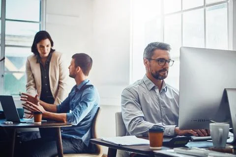 His hard work never lets down the team. mature businessman using a computer at Stock Photos