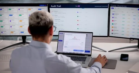 Hispanic Accountant Analyzing Payroll Software To Verify Accurate Salary Paym Stock Photos