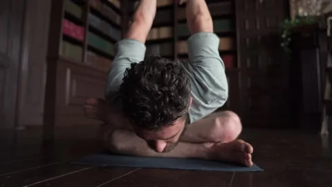 Hispanic Attractive Man Doing Yoga at Home 4K Shooting in Motion Stock Footage 152570308