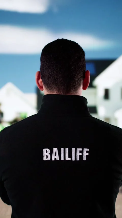 Hispanic Bailiff Man Standing In Front Of At House Entrance Stock Footage 305884354