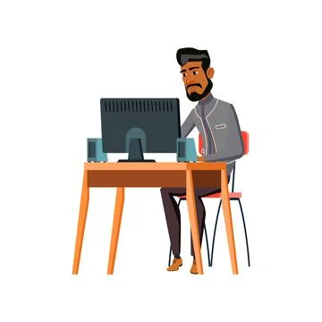 Hispanic bearded guy reading electronic book on computer cartoon vector Stock Illustration