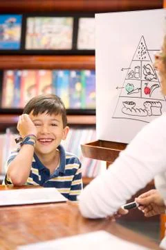 Hispanic boy sitting near food pyramid Stock Photos