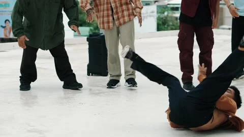 Hispanic break dancer practice B boy dance with friends at roof top. hiphop. Stock Footage 272288575