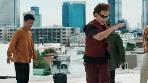 Hispanic break dancer practice B boy dance with friends at roof top. hiphop. Stock Footage 275618238