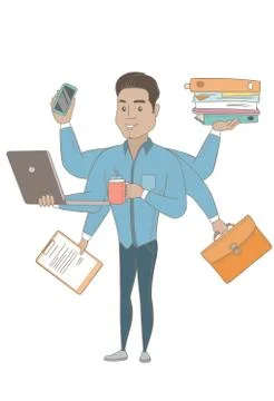 Hispanic businessman coping with multitasking. イラスト素材
