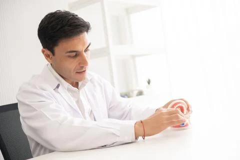 Hispanic dentist explaining to patient about teeth and how to brush with de.. Stock Photos