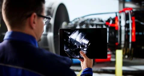 Hispanic Engineer Inspects Aircraft Engine Using Industrial Endoscope Technol Foto stock