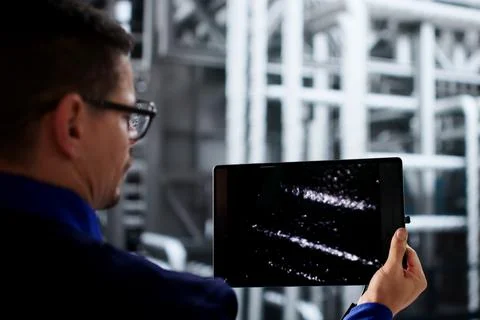 Hispanic Engineer Inspects Pipe With Endoscope At Oil Refinery. Stock Photos