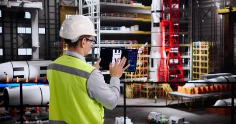 Hispanic Engineer Programs Cutting-Edge Automation Technology With Tablet Dev Stock Photos