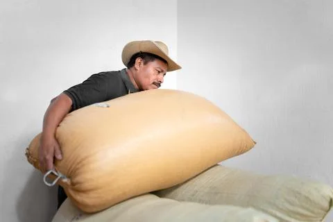 An Hispanic farmer is stacking a coffee sack in the warehouse Stock-Fotos