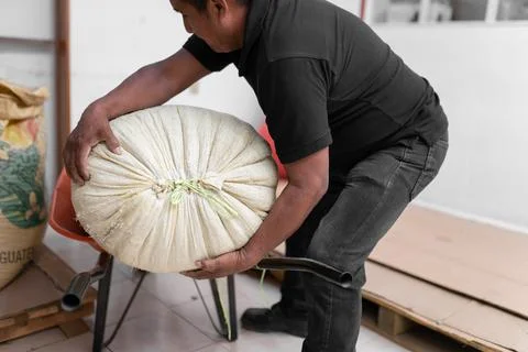 A Hispanic farmer is unloading a coffee sack in the warehouse Stock Photos