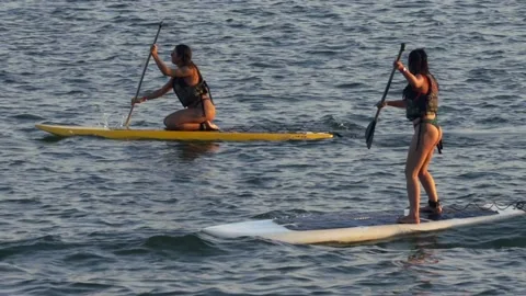 Hispanic girl learns how to surf and stands up on a surf board, slow motion Stock Footage 210477450