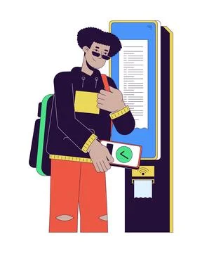Hispanic guy paying for ticket with NFC technology 2D linear cartoon character Stock Illustration