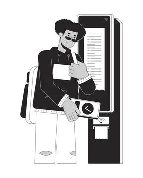 Hispanic guy paying for ticket with NFC bw 2D line cartoon character Stock Illustration
