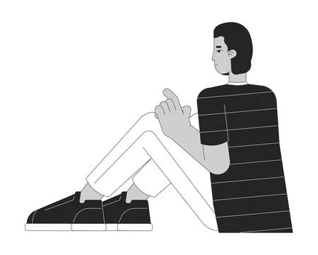 Hispanic guy sitting on floor black and white 2D line cartoon character Stock Illustration