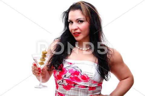 Hispanic Latin Woman Holding A Martini Glass In A Party Dress White Background Stock Photos