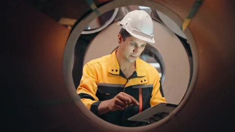 Hispanic Latino engineer man holding clipboard check aluminum rolls at factory Stock-Footage 239049880
