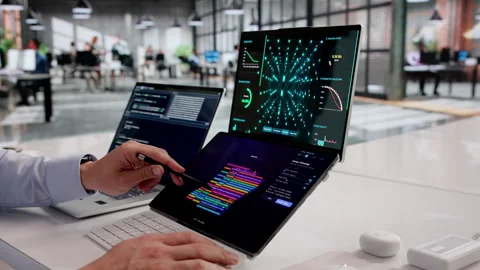 Hispanic Man Engaged In AI Model Training And Big Data Clustering Stock Footage 333398797
