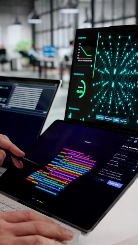 Hispanic Man Engaged In AI Model Training And Big Data Clustering Stock Footage 333399424