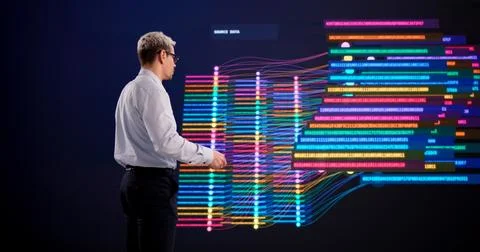 Hispanic Man Exploring Big Data Clustering On A High-Tech Interactive Display Foto stock