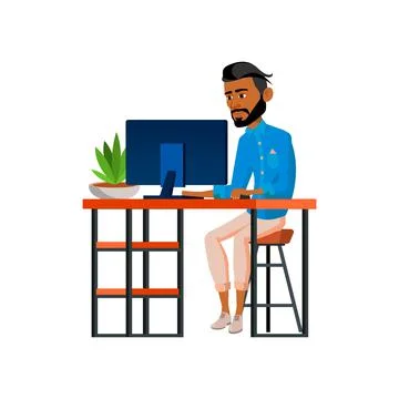 Hispanic man freelancer work on computer in room cartoon vector Stock Illustration