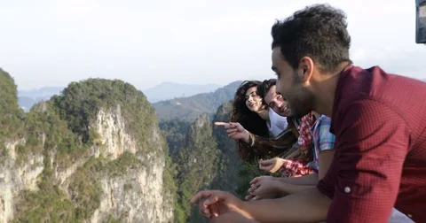 Hispanic Man Talking People On Mountain Top Enjoying Landscape, Friends Group Stock Footage